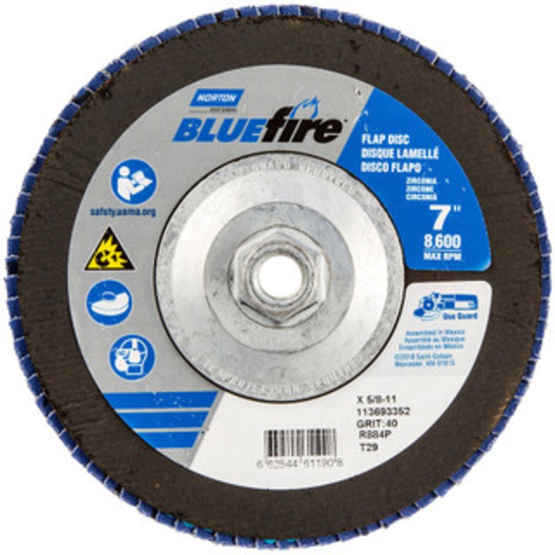 Norton 7 40 Grit 5/8-11 Center Hole Type 29 Zirconia Alumina Flap Disc Coarse Grade, Coated, Arbor Attachment, Cloth Backing, 8,600 RPM 66254461190 – 30189211