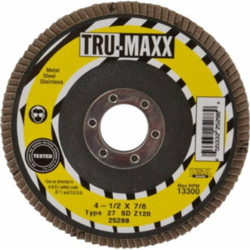 Tru-Maxx 4-1/2 120 Grit 7/8 Center Hole Type 27 Zirconia Alumina Flap Disc Fine Grade, Coated, Arbor Attachment, 13,300 RPM 25288 – 86779915