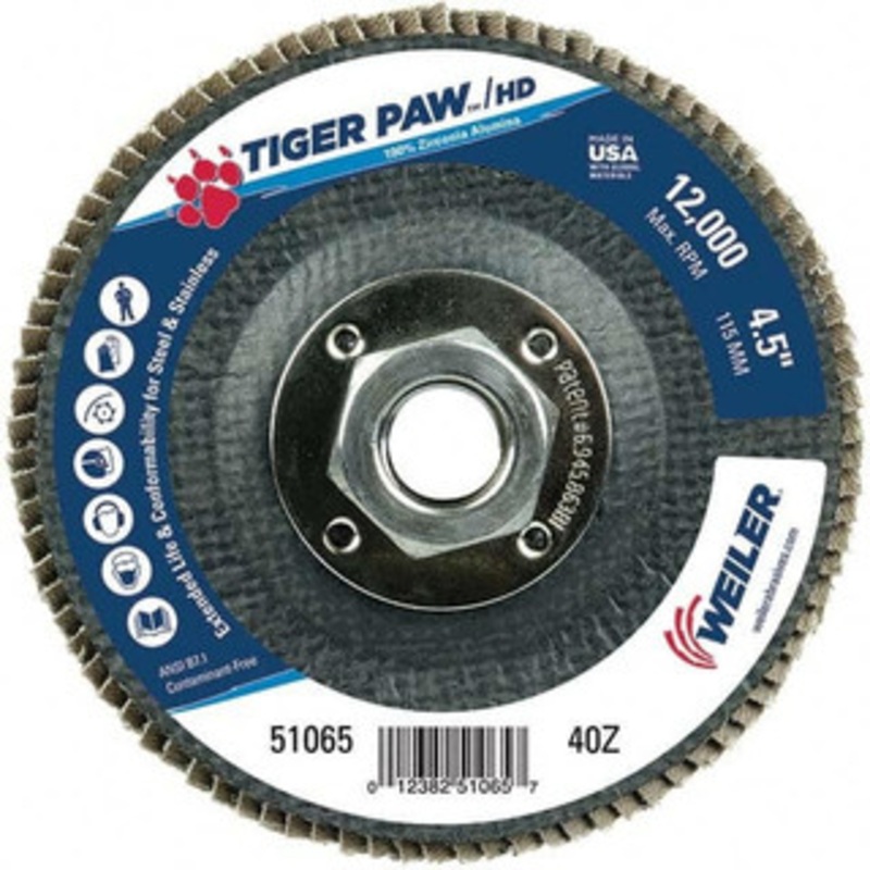 Weiler Abrasives Flap Discs; Abrasive Type: Coated, Flap Disc Type: Type 29, Disc Diameter (Inch): 4-1/2, Abrasive Material: Zirconia Alumina, Grit: 40, Attaching System: Threaded Hole 51065 – 90340753