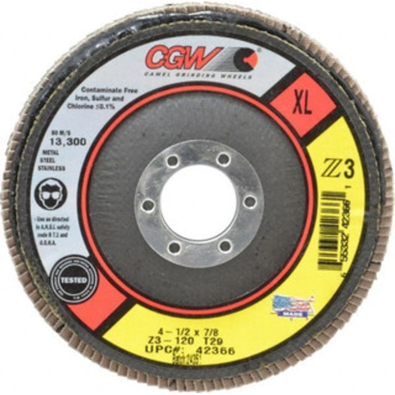CGW Abrasives 4-1/2 120 Grit 7/8 Center Hole Type 29 Zirconia Alumina Flap Disc Fine Grade, Coated, Arbor Attachment, Poly Cotton Backing, 13,300 RPM 42366 – 02555878