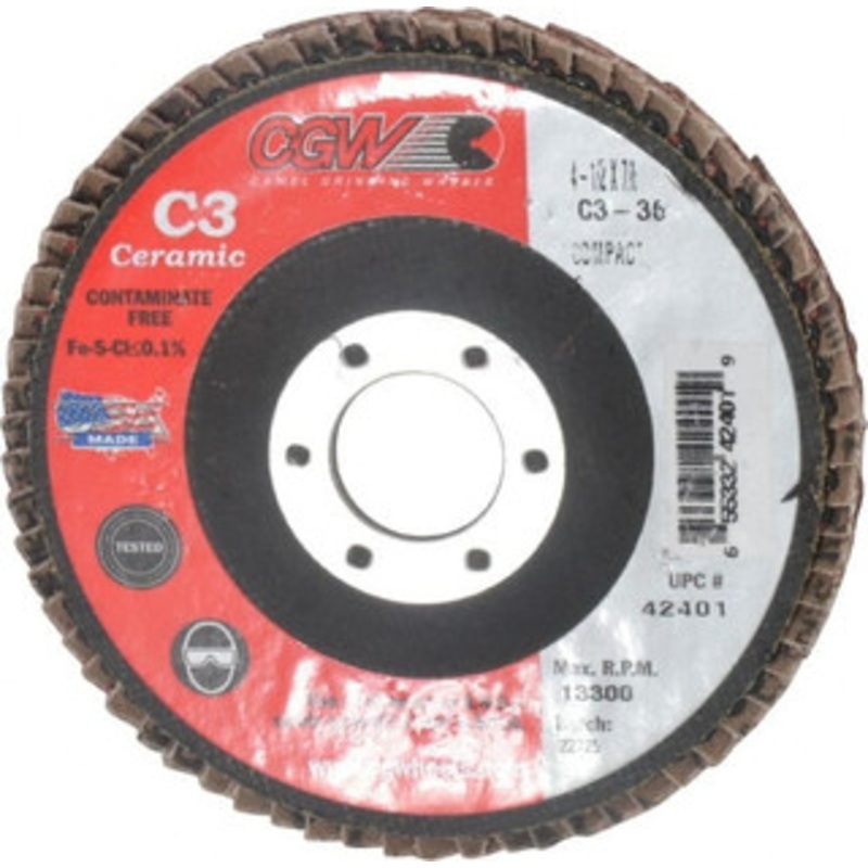 CGW Abrasives 4-1/2 36 Grit 7/8 Center Hole Ceramic Flap Disc Very Coarse Grade, Coated, Arbor Attachment, Polyester Backing, 13,300 RPM 42401 – 63009591