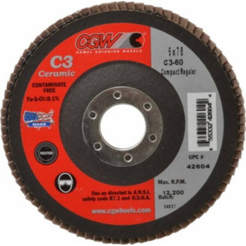 CGW Abrasives 5 60 Grit 7/8 Center Hole Ceramic Flap Disc Medium Grade, Coated, Arbor Attachment, Polyester Backing, 12,200 RPM 42604 – 63009773