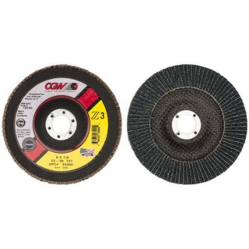 CGW Abrasives 6 40 Grit 7/8 Center Hole Type 27 Zirconia Alumina Flap Disc Coarse Grade, Coated, Arbor Attachment, Poly Cotton Backing, 10,200 RPM 53002 – 79161956