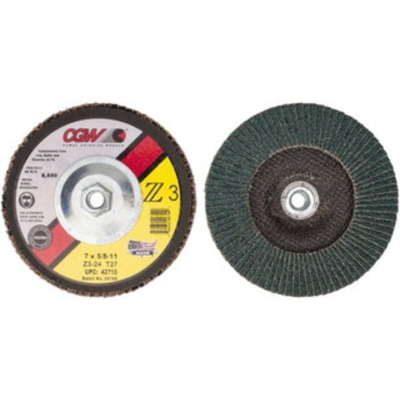 CGW Abrasives 7 24 Grit 5/8-11 Center Hole Type 27 Zirconia Alumina Flap Disc Very Coarse Grade, Coated, Arbor Attachment, Poly Cotton Backing, 8,600 RPM 42710 – 56435308