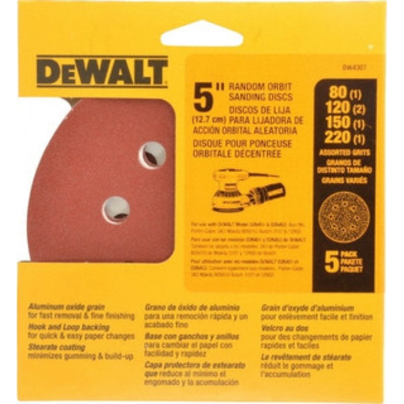DeWALT 80, 120, 150, 180, 220 Grit, 5 Disc Diam, Abrasive Disc Kit Coated, Medium, Fine, (3) Very Fine Grade, Aluminum Oxide DW4307 – 00355867