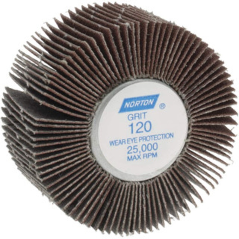 Norton 2 Diam x 1 Face Width, Fine Aluminum Oxide Coated Mounted Flap Wheel 1/4-20 Threaded Mount, 120 Grit, Cloth Backing, 23,000 Max RPM 63642502648 – 05098348