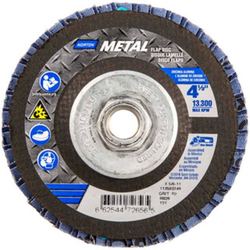 Norton 4-1/2 60 Grit 5/8-11 Center Hole Type 27 Zirconia Alumina Flap Disc Medium Grade, Coated, Arbor Attachment, Fiberglass Backing, 13,300 RPM 66254472656 – 45451317
