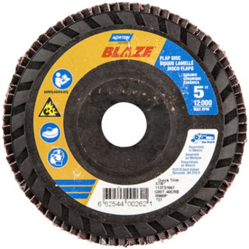 Norton 5 40 Grit 7/8 Center Hole Type 27 Ceramic Flap Disc Coarse Grade, Coated, Arbor Attachment, Plastic Backing 66254400262 – 42064923