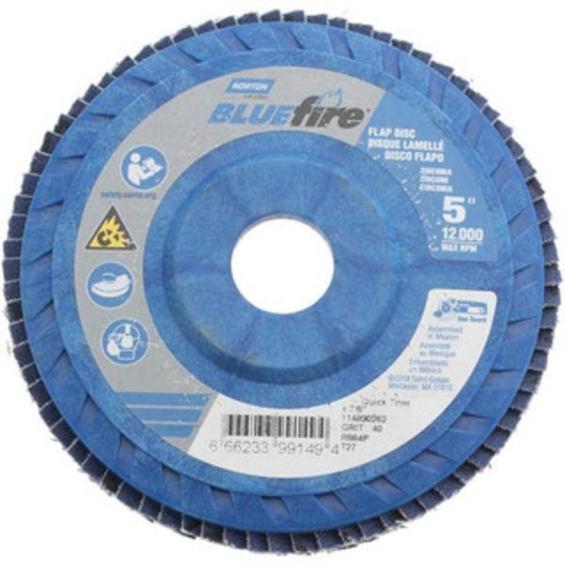 Norton 5 40 Grit 7/8 Center Hole Type 27 Zirconia Alumina Flap Disc Coarse Grade, Coated, Arbor Attachment, Cloth Backing, 12,000 RPM 66623399149 – 56275563