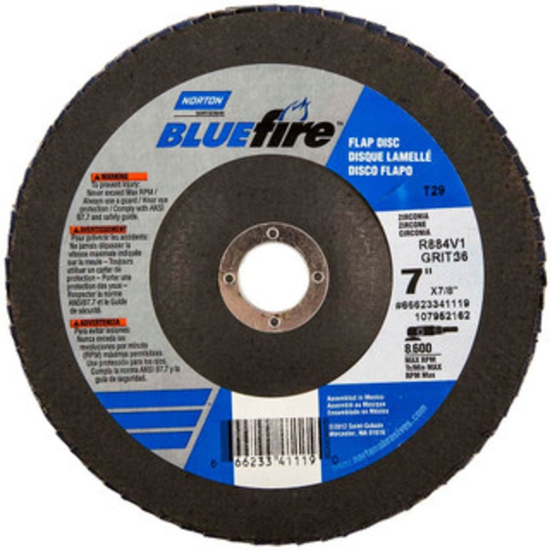 Norton 7 36 Grit 7/8 Center Hole Type 29 Zirconia Alumina Flap Disc Coarse Grade, Coated, Arbor Attachment, Plastic Backing, 8,500 RPM 66623341119 – 69000511