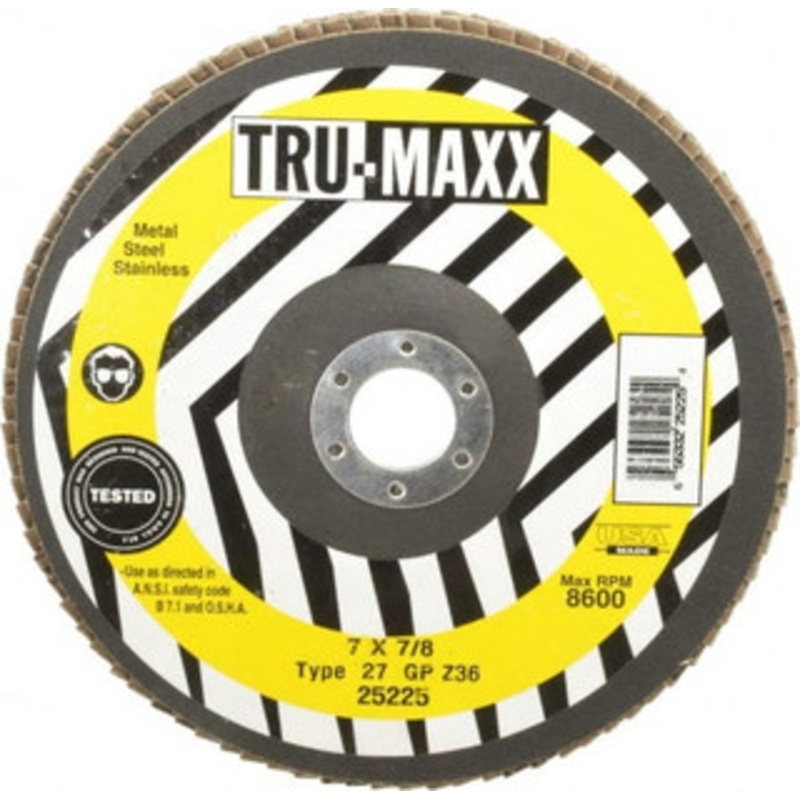Tru-Maxx 7 36 Grit 7/8 Center Hole Type 27 Zirconia Alumina Flap Disc Very Coarse Grade, Coated, Arbor Attachment, 8,600 RPM 25225 – 86779279