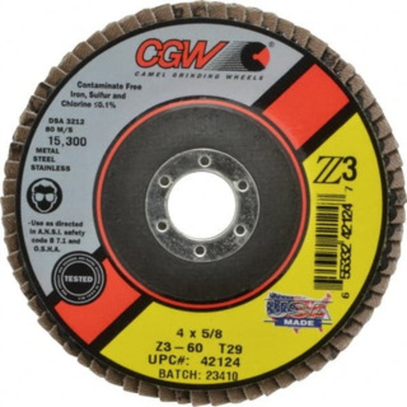 CGW Abrasives 4 60 Grit 5/8 Center Hole Type 29 Zirconia Alumina Flap Disc Medium Grade, Coated, Arbor Attachment, Poly Cotton Backing, 15,300 RPM 42124 – 56436710
