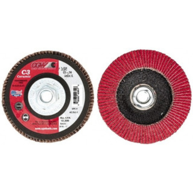 CGW Abrasives 5 36 Grit 5/8-11 Center Hole Ceramic Flap Disc Very Coarse Grade, Coated, Arbor Attachment, Polyester Backing, 12,200 RPM 42651 – 63009872