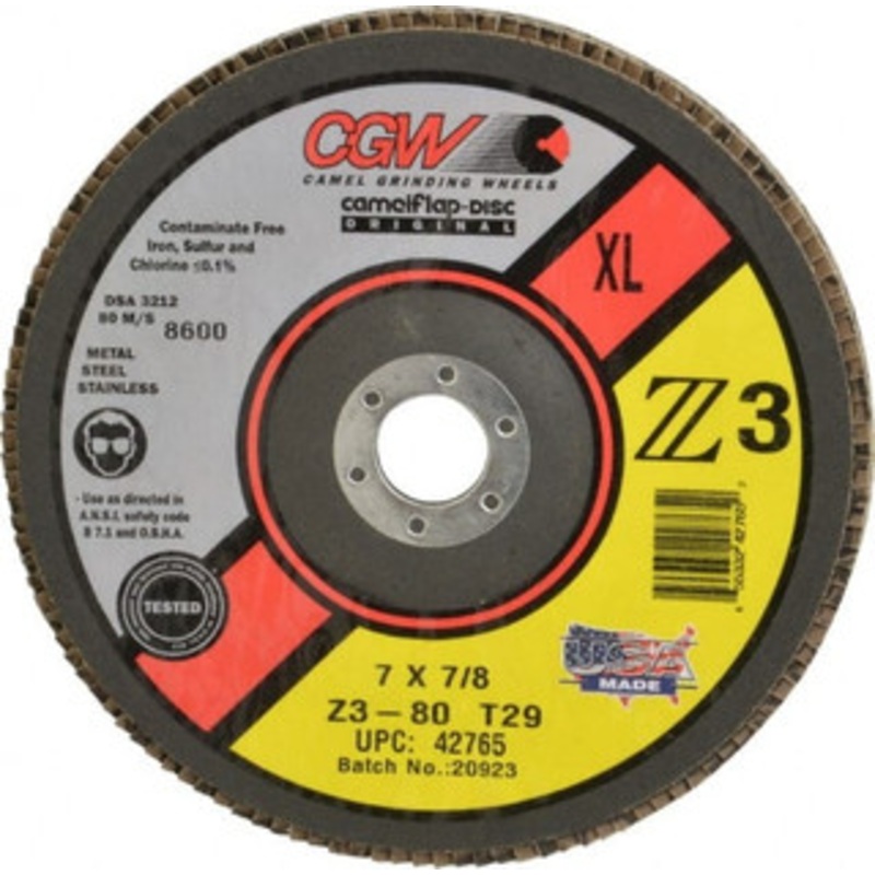 CGW Abrasives 7 80 Grit 5/8-11 Center Hole Type 29 Zirconia Alumina Flap Disc Medium Grade, Coated, Arbor Attachment, Poly Cotton Backing, 8,600 RPM 42765 – 02555852