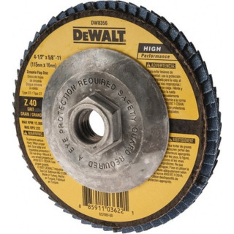DeWALT 4-1/2 40 Grit 5/8-11 Center Hole Type 27 Zirconia Alumina Flap Disc Coarse Grade, Coated, Arbor Attachment, Fiberglass Backing, 13,300 RPM DW8356 – 50960228