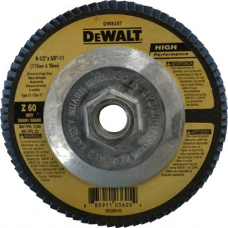 DeWALT 4-1/2 60 Grit 5/8-11 Center Hole Type 27 Zirconia Alumina Flap Disc Medium Grade, Coated, Arbor Attachment, Fiberglass Backing, 13,300 RPM DW8357 – 50960236