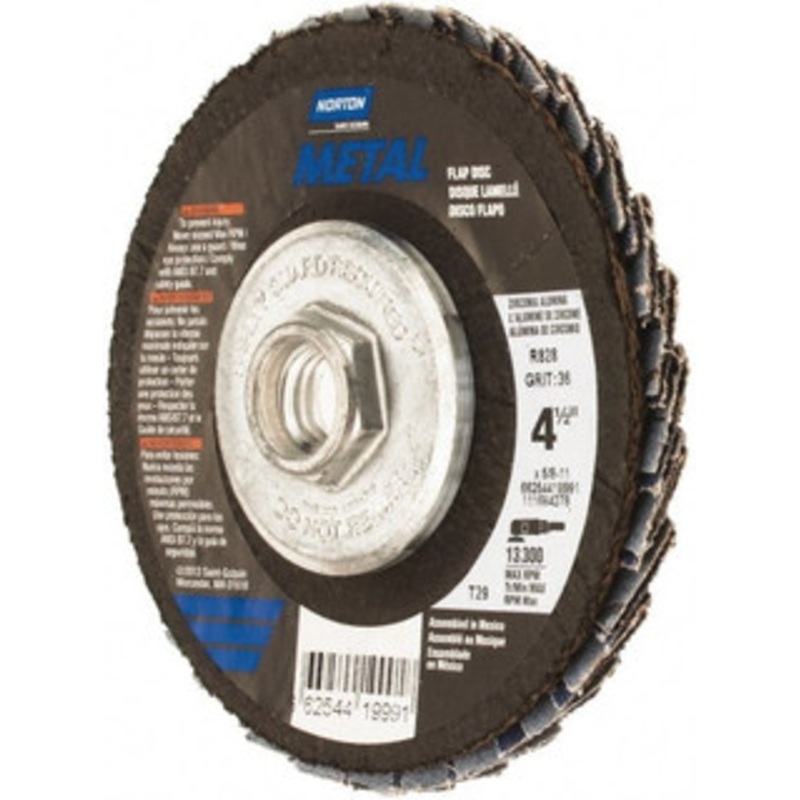 Norton 4-1/2 36 Grit 5/8-11 Center Hole Type 29 Zirconia Alumina Flap Disc Very Coarse Grade, Coated, Arbor Attachment, Fiberglass Backing, 13,300 RPM 66254419991 – 45451275