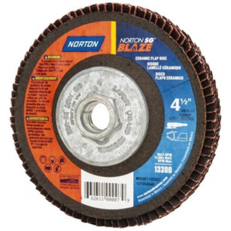 Norton 4-1/2 60 Grit 5/8-11 Center Hole Type 27 Ceramic Flap Disc Medium Grade, Coated, Arbor Attachment, Plastic Backing 66254400258 – 42064998