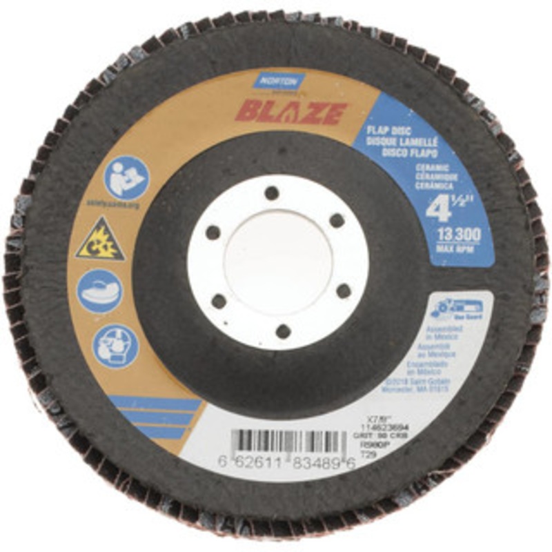 Norton 4-1/2 80 Grit 7/8 Center Hole Type 29 Ceramic Flap Disc Medium Grade, Coated, Arbor Attachment, Fiberglass Backing, 13,000 RPM 66261183489 – 83833756