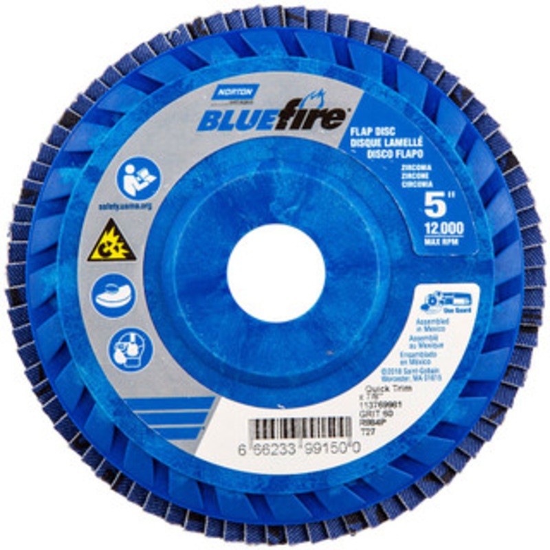 Norton 5 60 Grit 7/8 Center Hole Type 27 Zirconia Alumina Flap Disc Medium Grade, Coated, Arbor Attachment, Cloth Backing, 12,000 RPM 66623399150 – 56275886