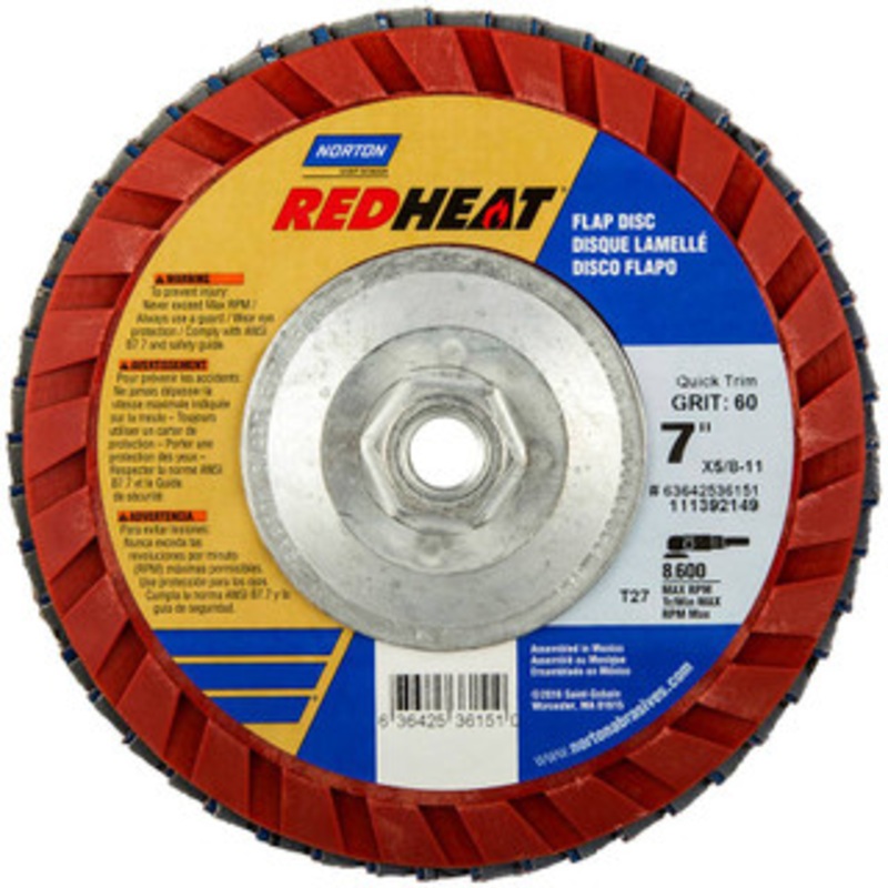 Norton 7 36 Grit 5/8-11 Center Hole Type 27 Ceramic Alumina Flap Disc Coarse Grade, Coated, Arbor Attachment, Plastic Backing, 8,600 RPM 66623399170 – 36044287
