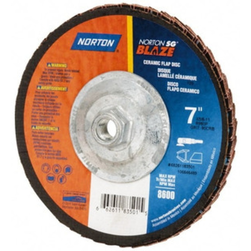 Norton 7 80 Grit 5/8-11 Center Hole Type 29 Ceramic Flap Disc Medium Grade, Coated, Arbor Attachment, Fiberglass Backing, 8,500 RPM 66261183501 – 83834143