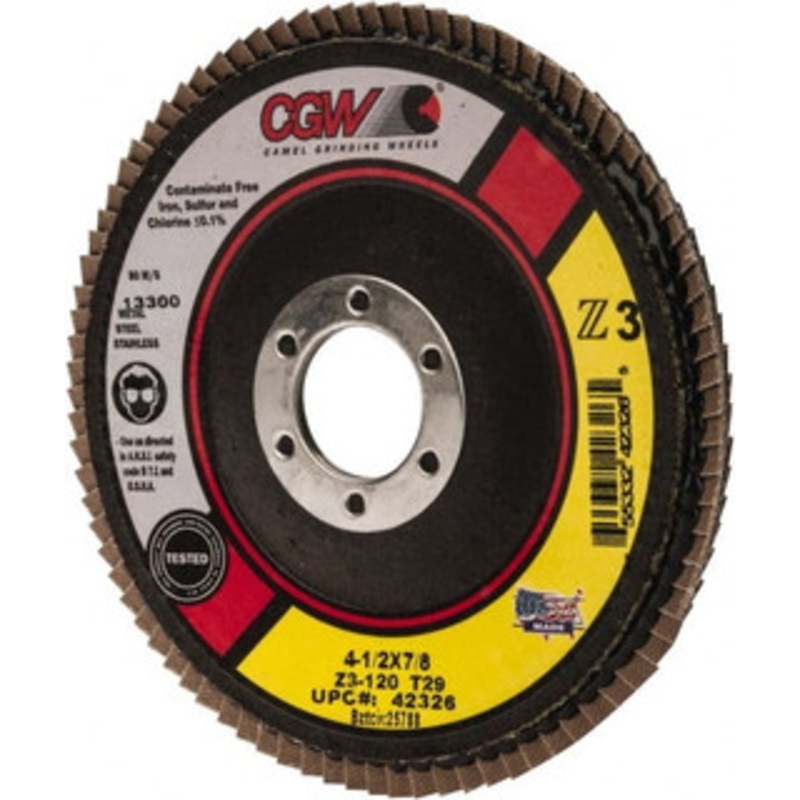 CGW Abrasives 4-1/2 120 Grit 7/8 Center Hole Type 29 Zirconia Alumina Flap Disc Fine Grade, Coated, Arbor Attachment, Poly Cotton Backing, 13,300 RPM 42326 – 56437825
