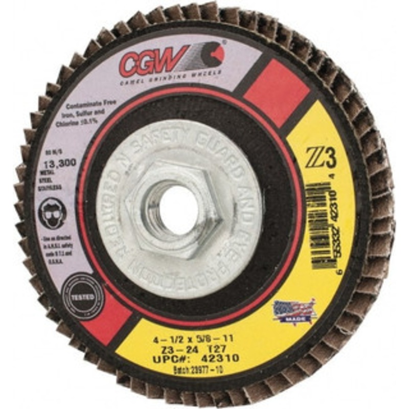 CGW Abrasives 4-1/2 24 Grit 5/8-11 Center Hole Type 27 Zirconia Alumina Flap Disc Very Coarse Grade, Coated, Arbor Attachment, Poly Cotton Backing, 13,300 RPM 42310 – 82283813