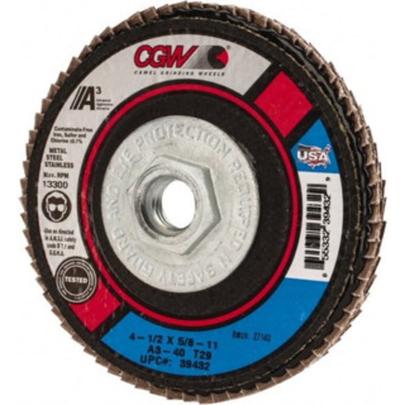CGW Abrasives 4-1/2 40 Grit 5/8-11 Center Hole Type 29 Aluminum Oxide Flap Disc Coarse Grade, Coated, Arbor Attachment, Polyester Backing, 13,300 RPM 39432 – 02555290