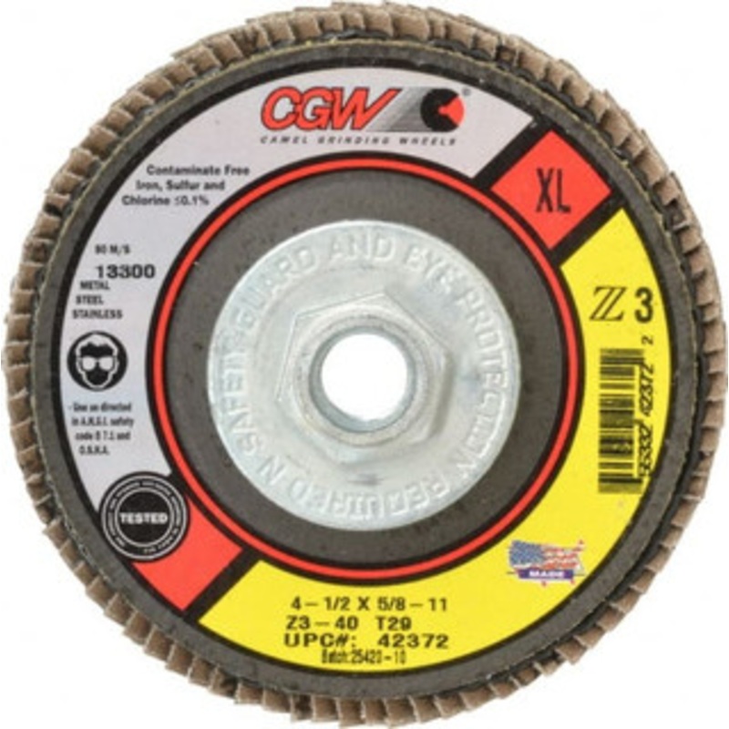 CGW Abrasives 4-1/2 40 Grit 5/8-11 Center Hole Type 29 Zirconia Alumina Flap Disc Coarse Grade, Coated, Arbor Attachment, Poly Cotton Backing, 13,300 RPM 42372 – 82308313
