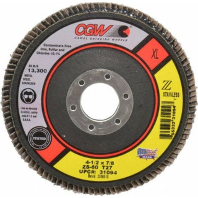 CGW Abrasives 4-1/2 60 Grit 7/8 Center Hole Type 27 Zirconia Alumina Flap Disc Medium Grade, Coated, Arbor Attachment, Polyester Backing, 13,300 RPM 31094 – 56505712
