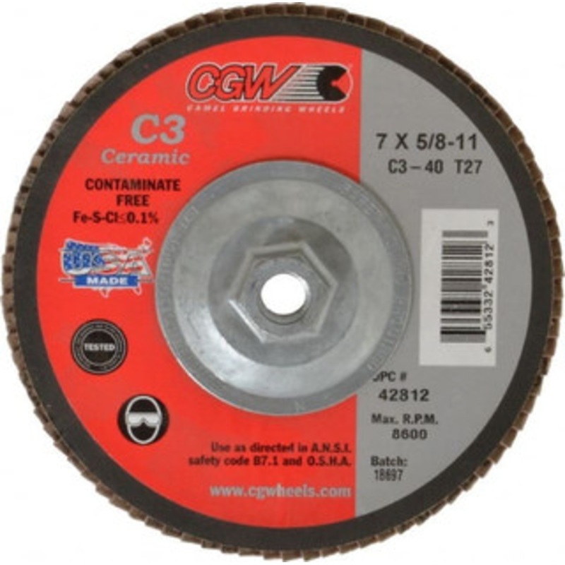 CGW Abrasives 7 40 Grit 5/8-11 Center Hole Type 27 Ceramic Flap Disc Coarse Grade, Coated, Arbor Attachment, Polyester Backing, 8,600 RPM 42812 – 63009963