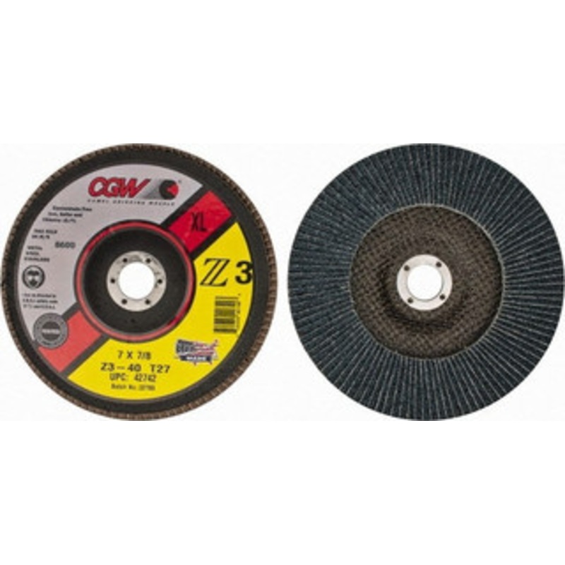 CGW Abrasives 7 40 Grit 7/8 Center Hole Type 27 Zirconia Alumina Flap Disc Coarse Grade, Coated, Arbor Attachment, Poly Cotton Backing, 8,600 RPM 42742 – 02555803