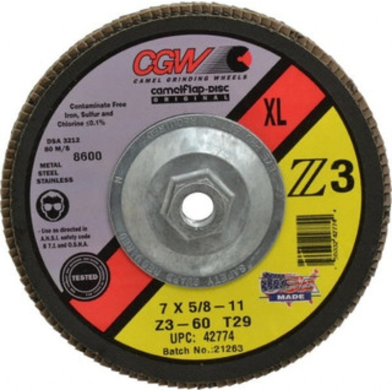CGW Abrasives 7 60 Grit 5/8-11 Center Hole Type 29 Zirconia Alumina Flap Disc Medium Grade, Coated, Arbor Attachment, Poly Cotton Backing, 8,600 RPM 42774 – 56435274