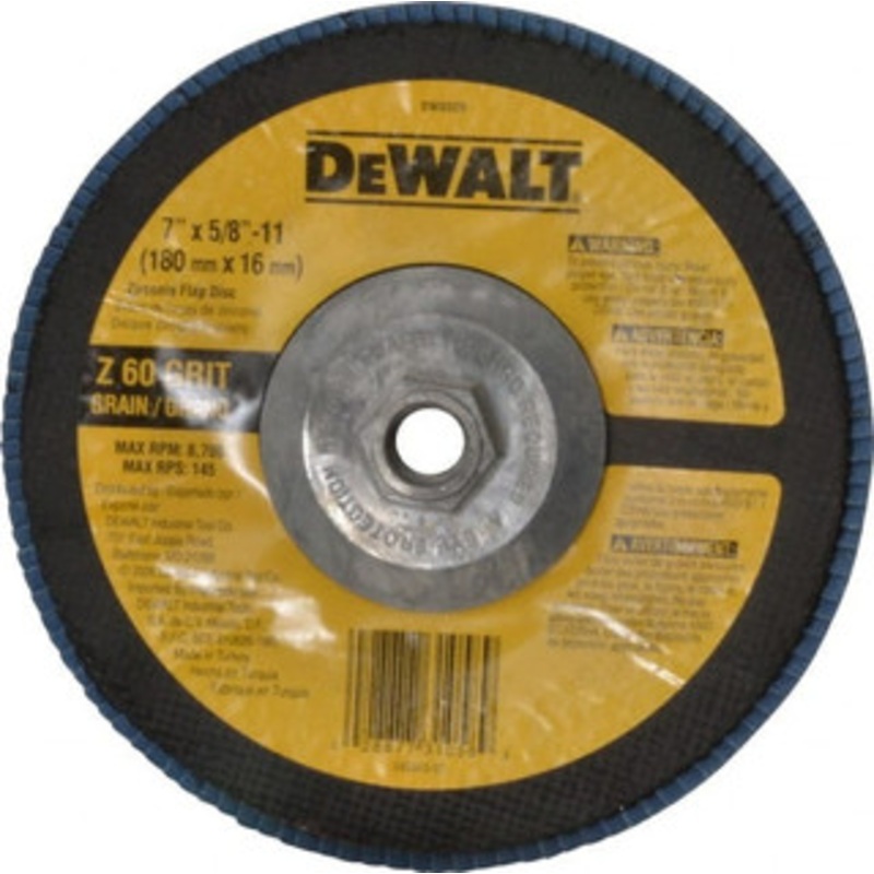 DeWALT 7 60 Grit 5/8-11 Center Hole Type 29 Zirconia Alumina Flap Disc Medium Grade, Coated, Arbor Attachment, Fiberglass Backing, 8,700 RPM DW8329 – 73201402