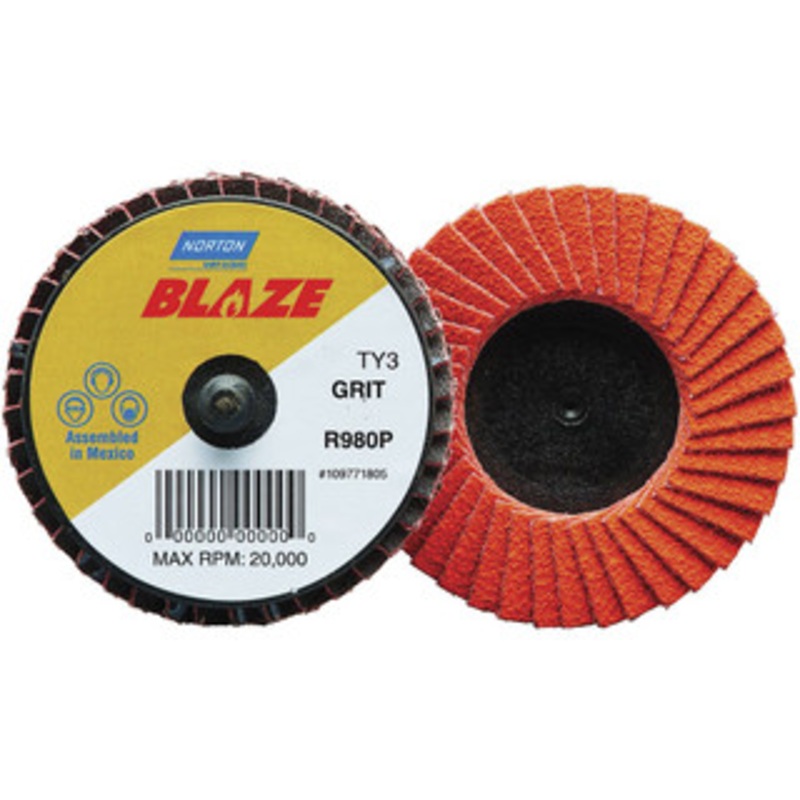 Norton 2 80 Grit Type 27 Ceramic Alumina Flap Disc Medium Grade, Coated, Quick Change Type R Attachment, Fiberglass Backing, 30,000 RPM 77696090148 – 68540780