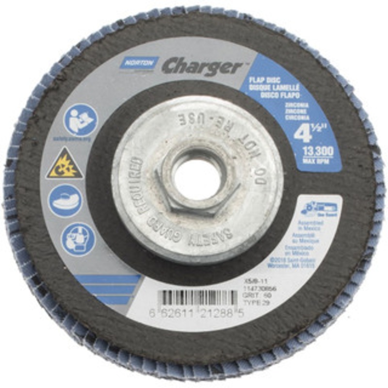 Norton 4-1/2 60 Grit 5/8-11 Center Hole Type 29 Zirconia Alumina Flap Disc Medium Grade, Coated, Arbor Attachment, Fiberglass Backing, 13,000 RPM 66261121288 – 57262321