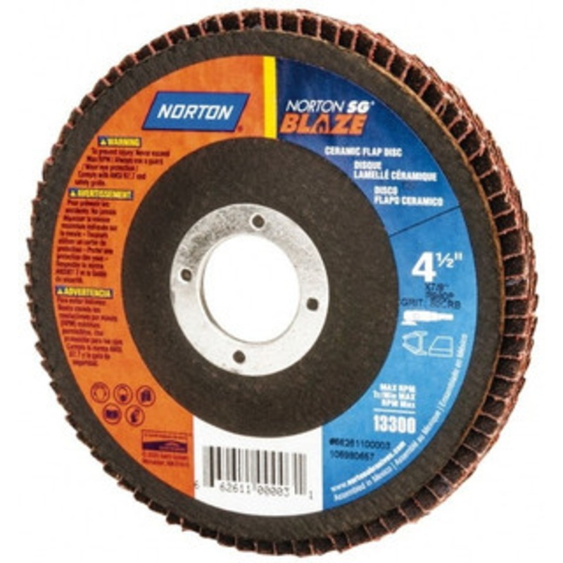 Norton 4-1/2 60 Grit 7/8 Center Hole Type 27 Ceramic Flap Disc Medium Grade, Coated, Arbor Attachment, Plastic Backing 66254400254 – 42065060