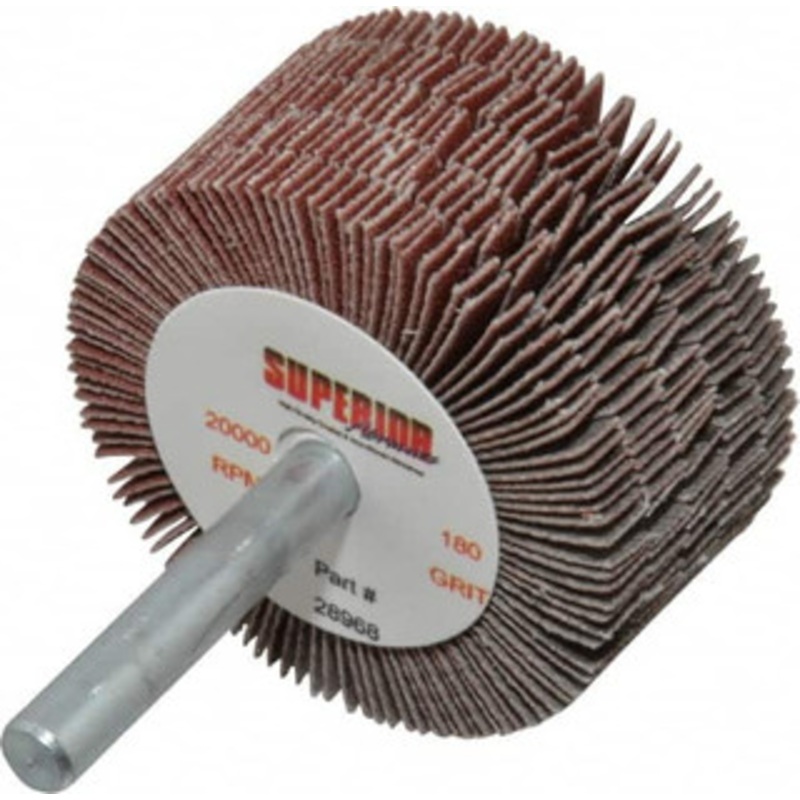 Superior Abrasives 2 Diam x 1 Face Width, Very Fine Aluminum Oxide Coated Mounted Flap Wheel 1/4 Shank Mount, 180 Grit, J Weighted Cloth Backing, 14,000 Max RPM 28968 – 01923663