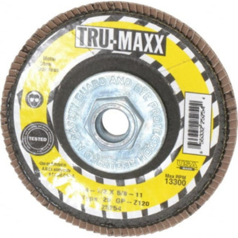 Tru-Maxx 4-1/2 120 Grit 5/8-11 Center Hole Type 29 Zirconia Alumina Flap Disc Fine Grade, Coated, Arbor Attachment, 13,300 RPM 25254 – 86779576