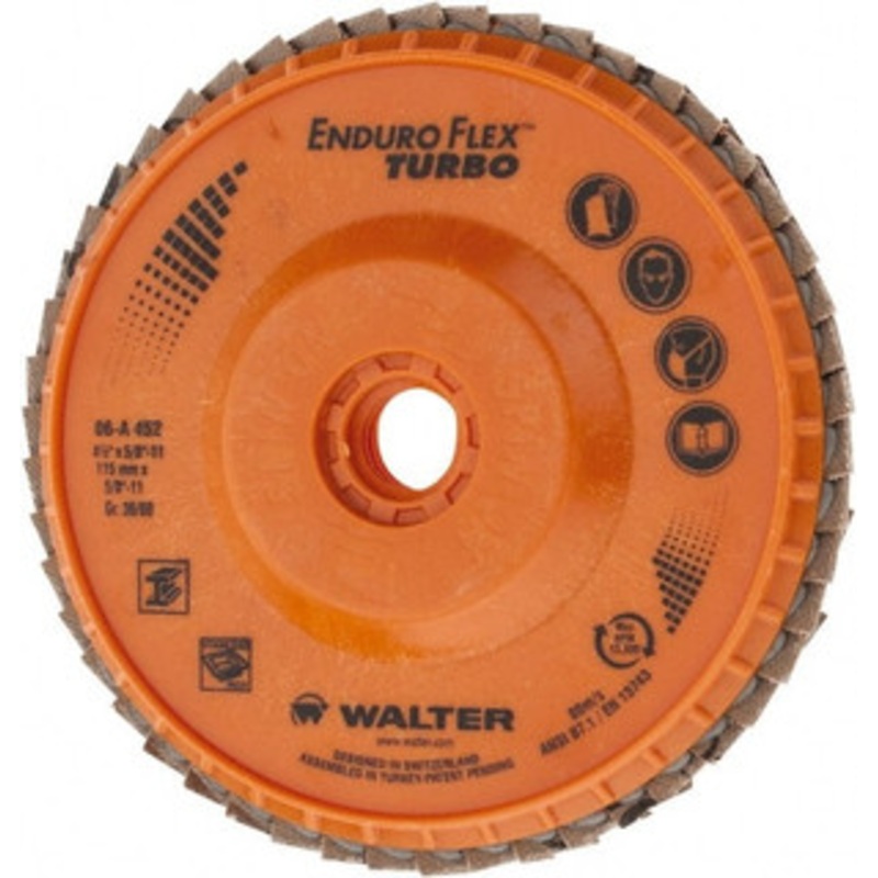 Walter Surface Technologies 4-1/2 36 Grit 5/8-11 Center Hole Type 29 Ceramic Flap Disc Medium Grade, Coated, Arbor Attachment, Plastic Backing, 13,300 RPM 06A452 – 79423232
