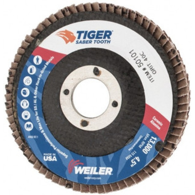 Weiler Abrasives 4-1/2 40 Grit 7/8 Center Hole Type 29 Ceramic Flap Disc Coarse Grade, Coated, Arbor Attachment, Phenolic Backing, 13,000 RPM 50101 – 79303566