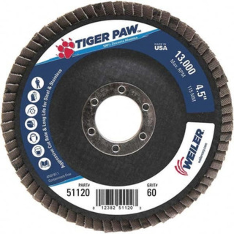 Weiler Abrasives 4-1/2 60 Grit 7/8 Center Hole Type 29 Zirconia Alumina Flap Disc Medium Grade, Coated, Arbor Attachment, Phenolic Backing, 13,000 RPM 51120 – 61581468