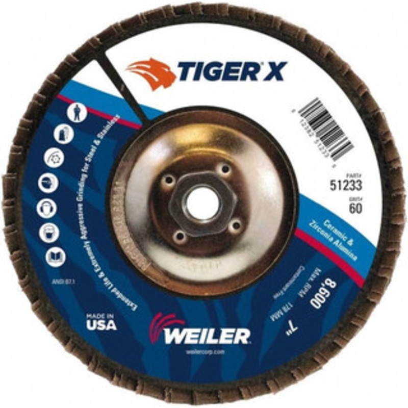 Weiler Abrasives 7 60 Grit 5/8-11 Center Hole Type 27 Zirconia Alumina Flap Disc Medium Grade, Coated, Arbor Attachment, Phenolic Backing, 8,600 RPM 51233 – 46905949