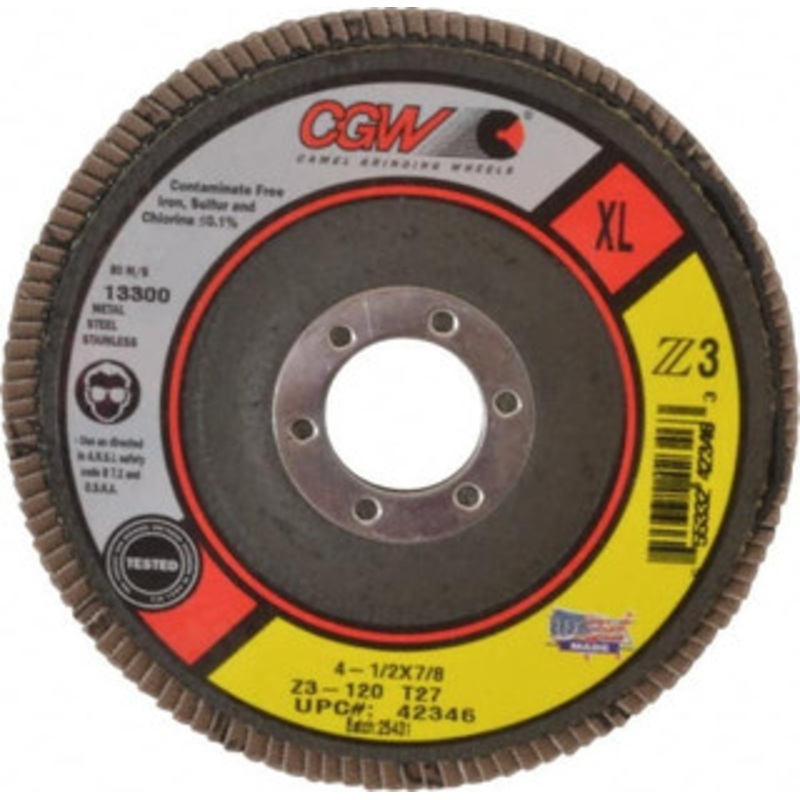 CGW Abrasives 4-1/2 120 Grit 7/8 Center Hole Type 27 Zirconia Alumina Flap Disc Fine Grade, Coated, Arbor Attachment, Poly Cotton Backing, 13,300 RPM 42346 – 02555753