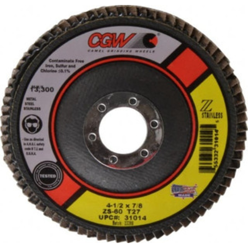 CGW Abrasives 4-1/2 60 Grit 7/8 Center Hole Type 27 Zirconia Alumina Flap Disc Medium Grade, Coated, Arbor Attachment, Polyester Backing, 13,300 RPM 31014 – 56505787