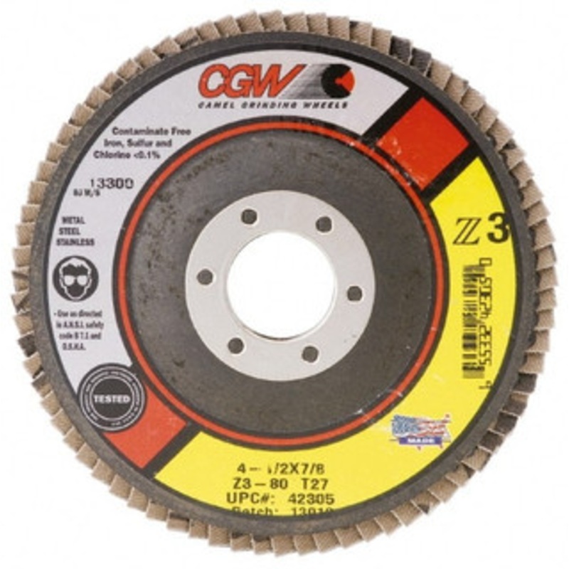 CGW Abrasives 6 40 Grit 5/8-11 Center Hole Type 27 Zirconia Alumina Flap Disc Coarse Grade, Coated, Arbor Attachment, Poly Cotton Backing, 10,200 RPM 53012 – 63009534