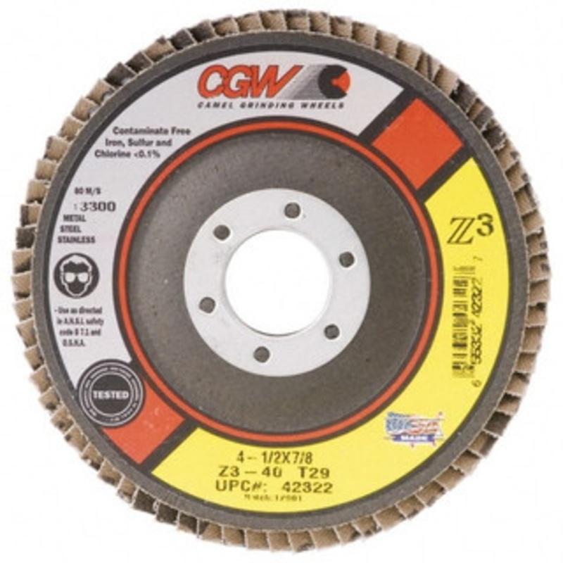 CGW Abrasives 7 36 Grit 5/8-11 Center Hole Type 29 Zirconia Alumina Flap Disc Very Coarse Grade, Coated, Arbor Attachment, Poly Cotton Backing, 8,600 RPM 42731 – 56435373