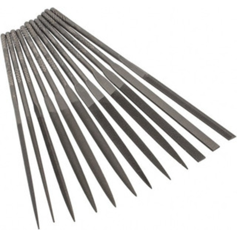 Grobet USA 12 Piece Swiss Pattern File Set 4 Long, 2 Coarseness, Set Includes Barrette, Crossing, Equalling, Half Round, Knife, Marking, Round, Round Edge Joint, Slitting, Square, Three Square, Warding 31.673 – 60237625