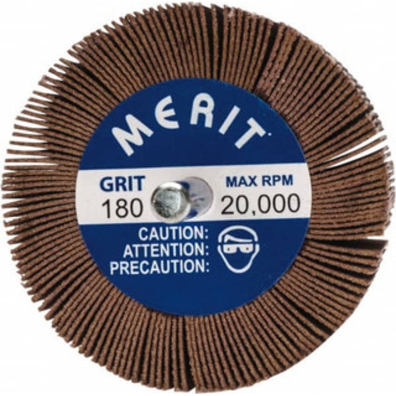 Merit Abrasives 2-1/2 Diam x 1-1/2 Face Width, Very Fine Ceramic Alumina Coated Mounted Flap Wheel 1/4 Shank Mount, 180 Grit, 20,000 Max RPM 08834143806 – 48688014
